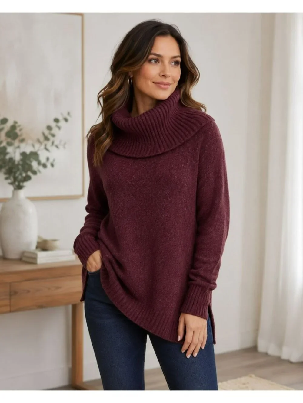 Michael Kors Burgundy Hi-Low Turtleneck Sweater Women’s M/L Oversized Wool Blend